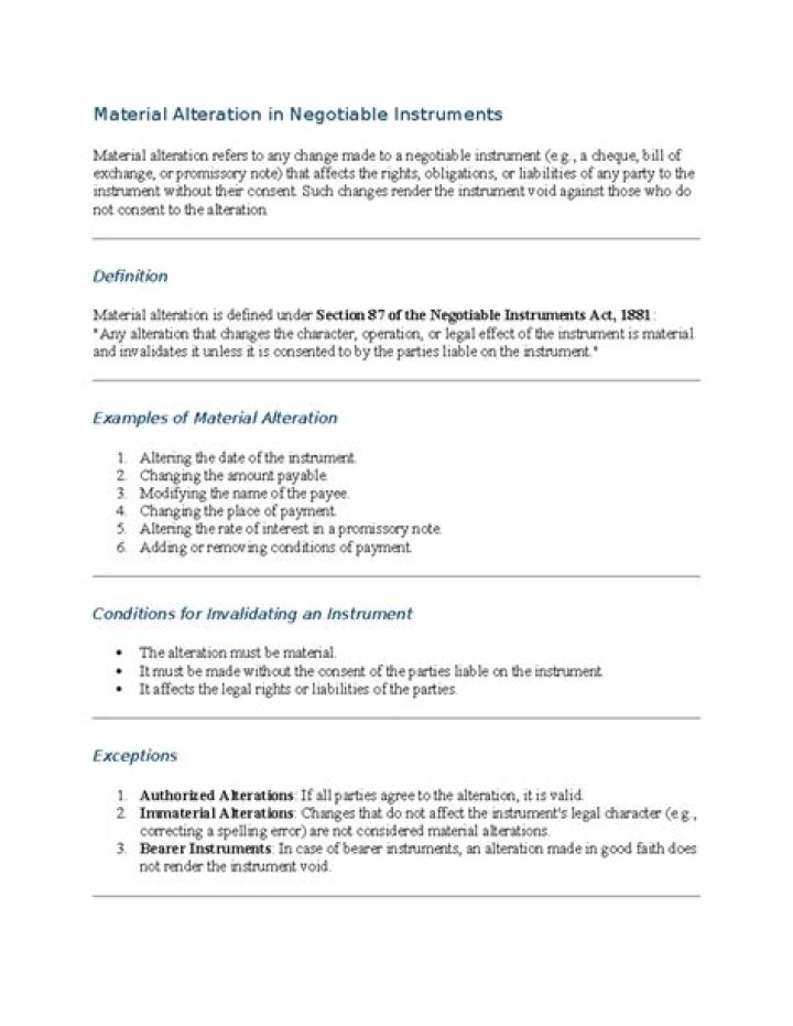What is material alteration in negotiable instrument